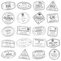 Passport stamp set. Visa stamps for travel. International airport grunge sign. Immigration, arrival and departure symbols